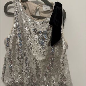 Zara Silver Sequin Tank with Black Bow Accent